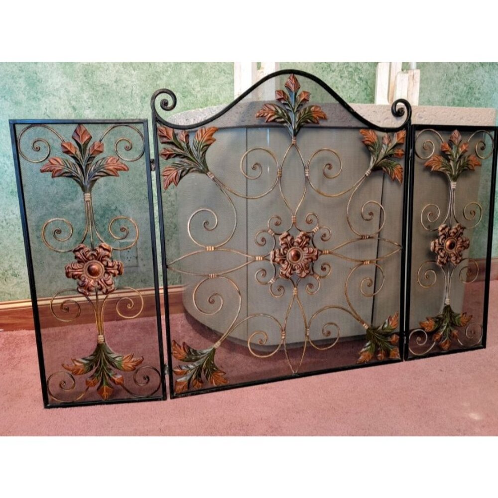 Decorative Vintage Metal Fireplace Screen With Floral & Scroll Design